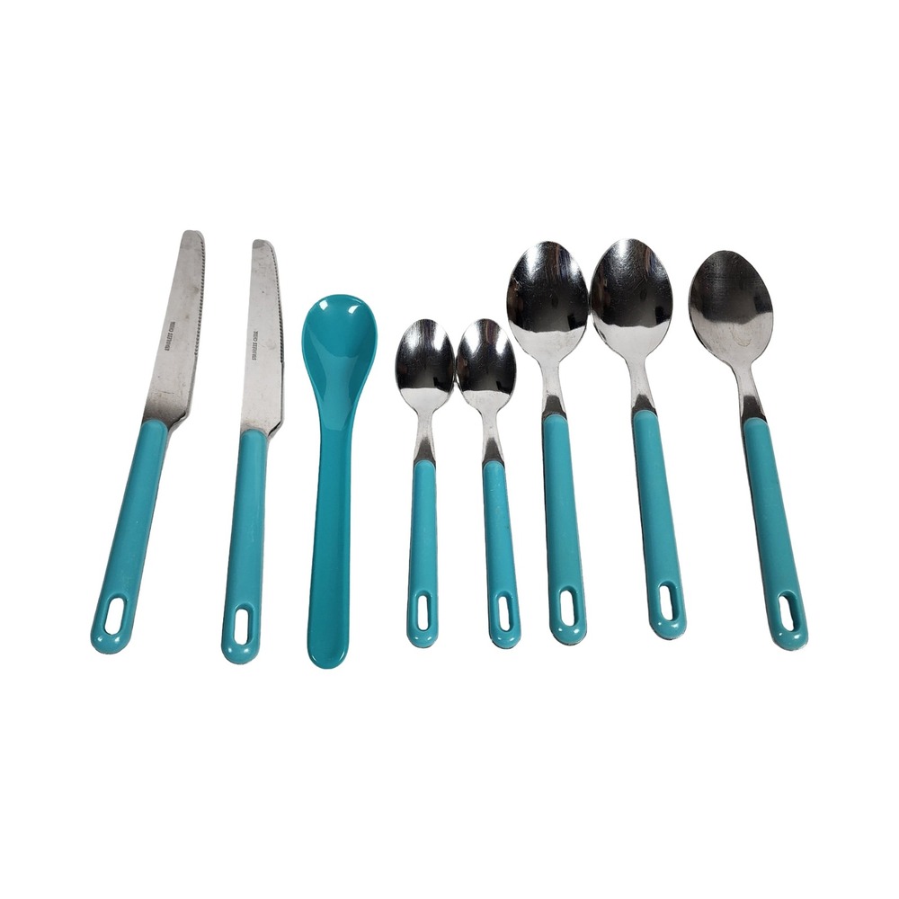 8pc Flatware Set Turquoise Blue Handles Stainless Steel Knives‎ Spoons Utensils